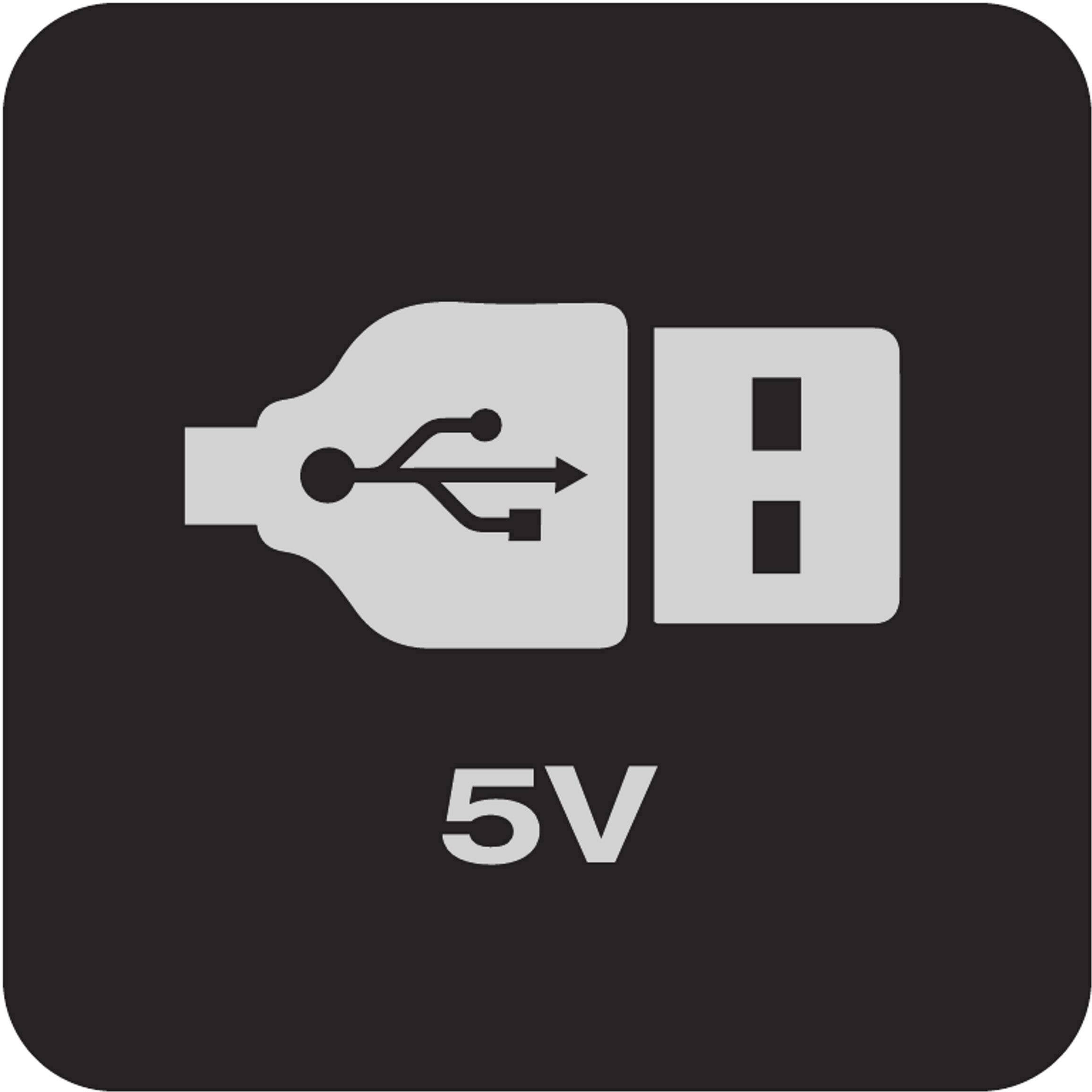 Symbol wtyczki USB z strzałką, wskazujący 5V, co oznacza napięcie używane do ładowania lub przesyłania danych.