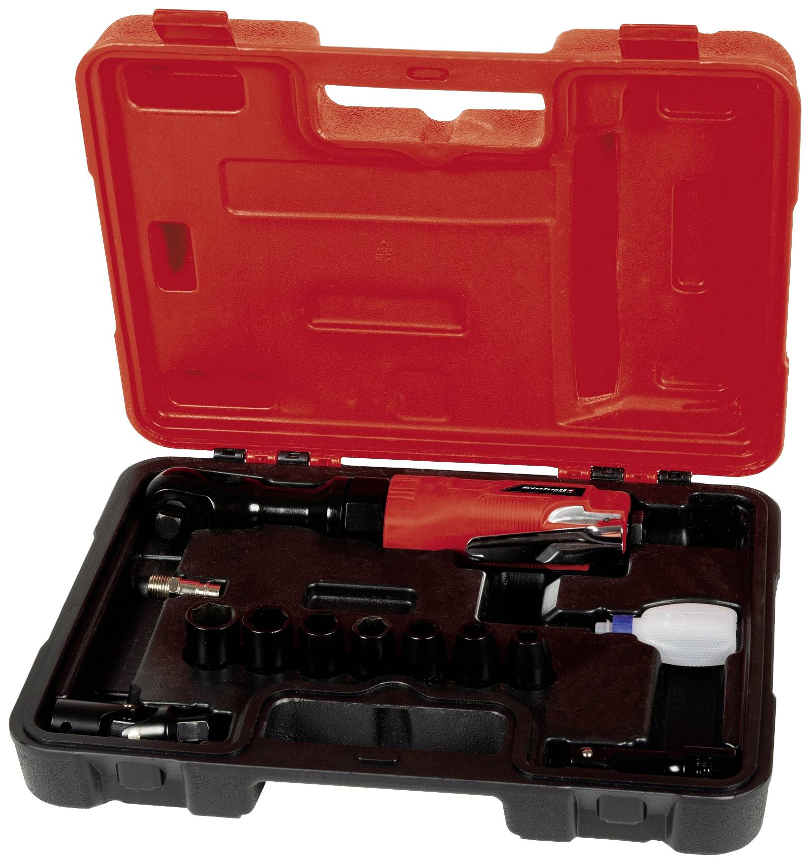 Czerwona skrzynka narzędziowa z otwartą pokrywą prezentuje różne akcesoria i narzędzia, w tym klucz i różne bity, ułożone w schludny i zorganizowany sposób.