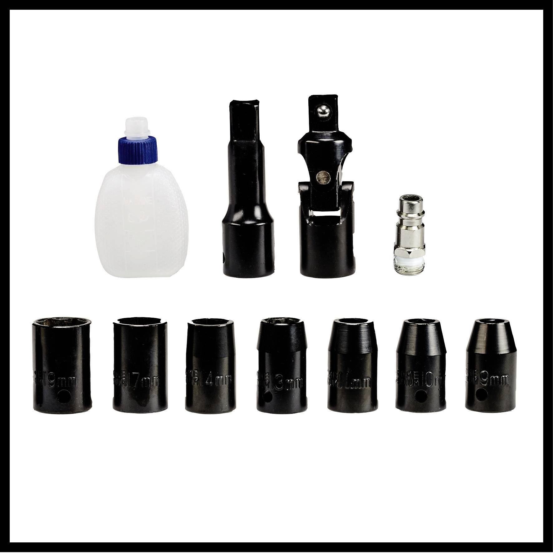 Zestaw siedmiu czarnych kołków mocujących w różnych rozmiarach, adapter, przegub obrotowy i mała buteleczka z olejem na białym tle.
