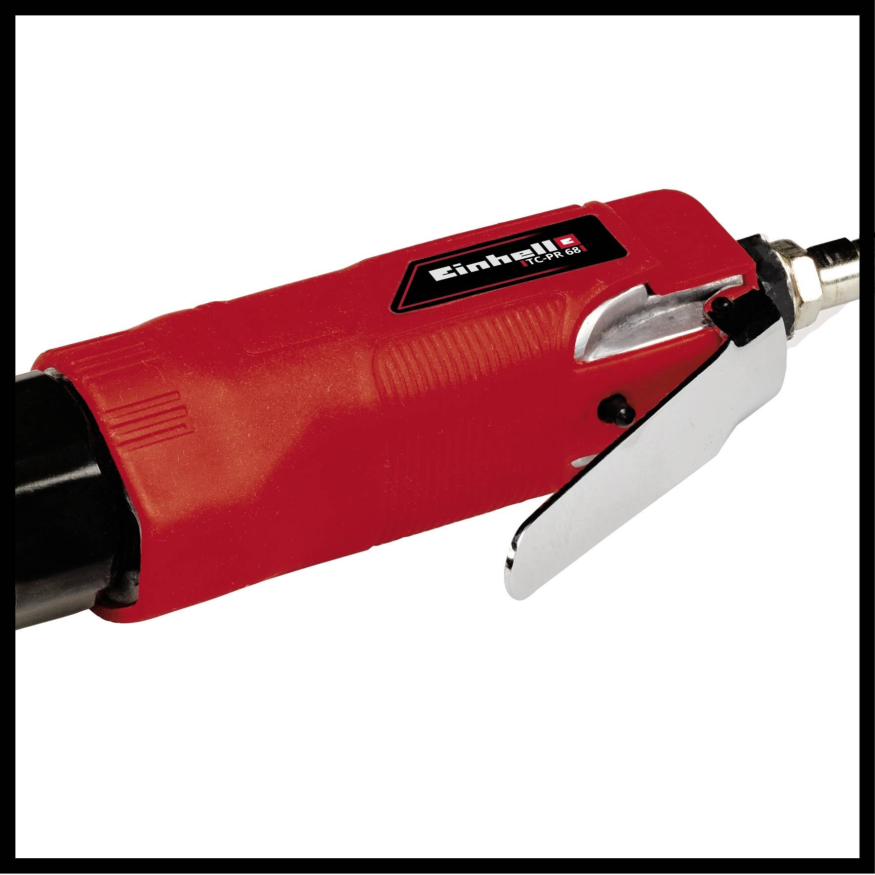 Czerwone narzędzie pneumatyczne marki Einhell, z czarną obudową i srebrną dźwignią z boku do sterowania.