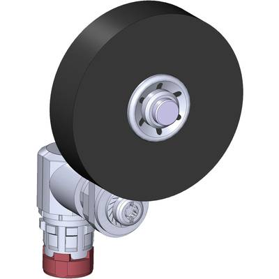 Trójwymiarowy model mechanicznego koła z metalowym walcem i czerwonym przełącznikiem na dolnym końcu; projekt elementów technicznych.
