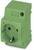 Zielona wtyczka do montażu na szynie DIN, 10 A, 250 V. Nadaje się do zastosowań przemysłowych, wyposażona w zaciski przyłączeniowe i blokadę.