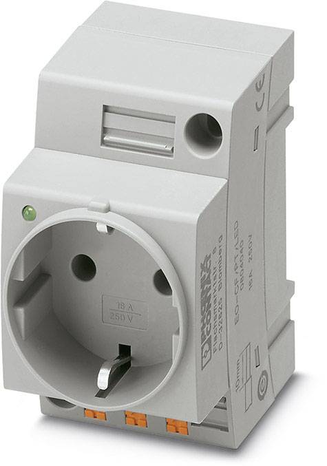 Gniazdo z przewodem ochronnym do montażu na szynie DIN, przystosowane do 250 V i 16 A.