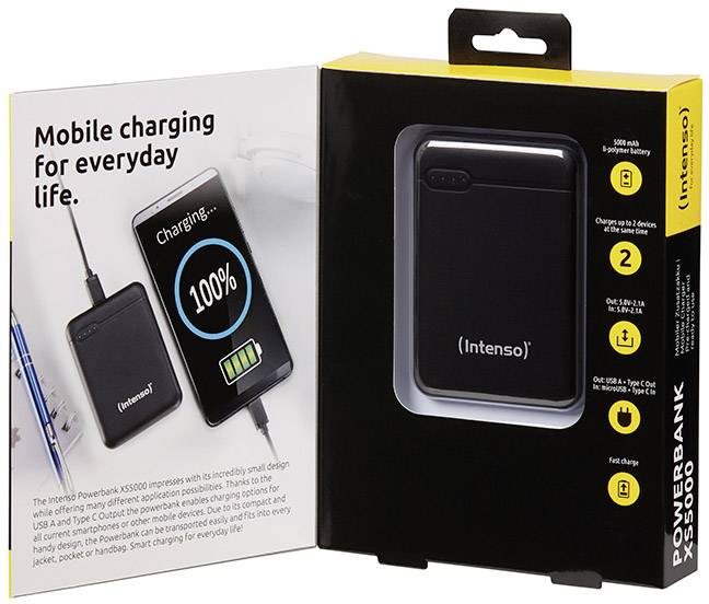 Opakowanie powerbanki Intenso z wyświetlaczem ładowania na smartfonie. Tekst: 'Ładowanie mobilne w codziennym życiu.' Pojemność: 5000 mAh.