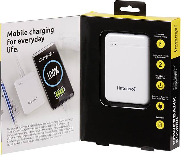 Powerbank z wyświetlaczem ładowania na ekranie smartfona. Teksty: 'Mobilne ładowanie do codziennego użytku' oraz szczegóły produktu.