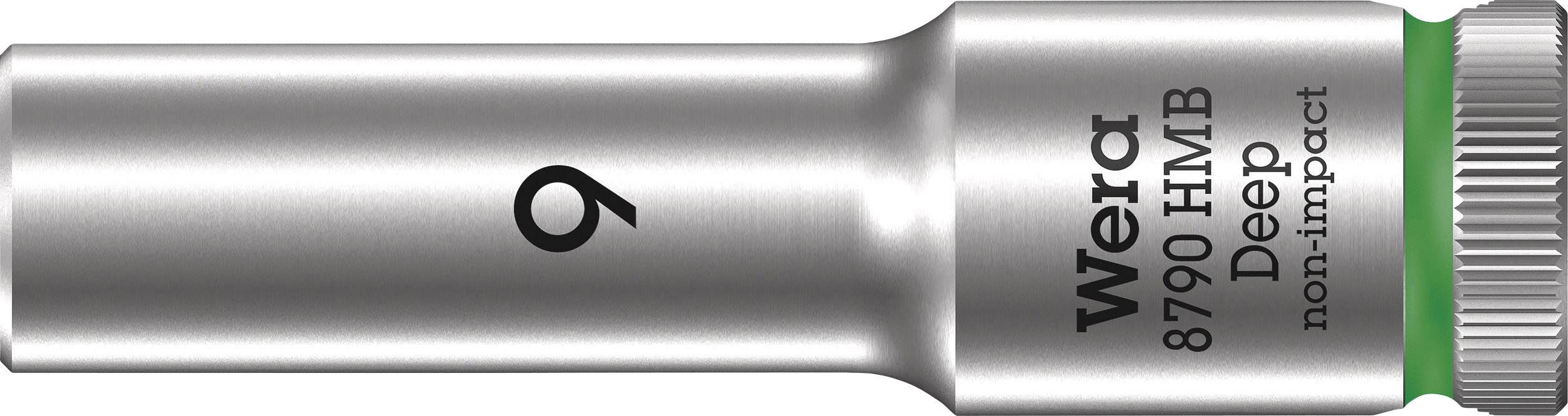 Klucz nasadowy Wera, model 8790 HMB Deep. Srebrny z zielonym pierścieniem, odpowiedni do kluczy dynamometrycznych. Rozmiar 9 mm.