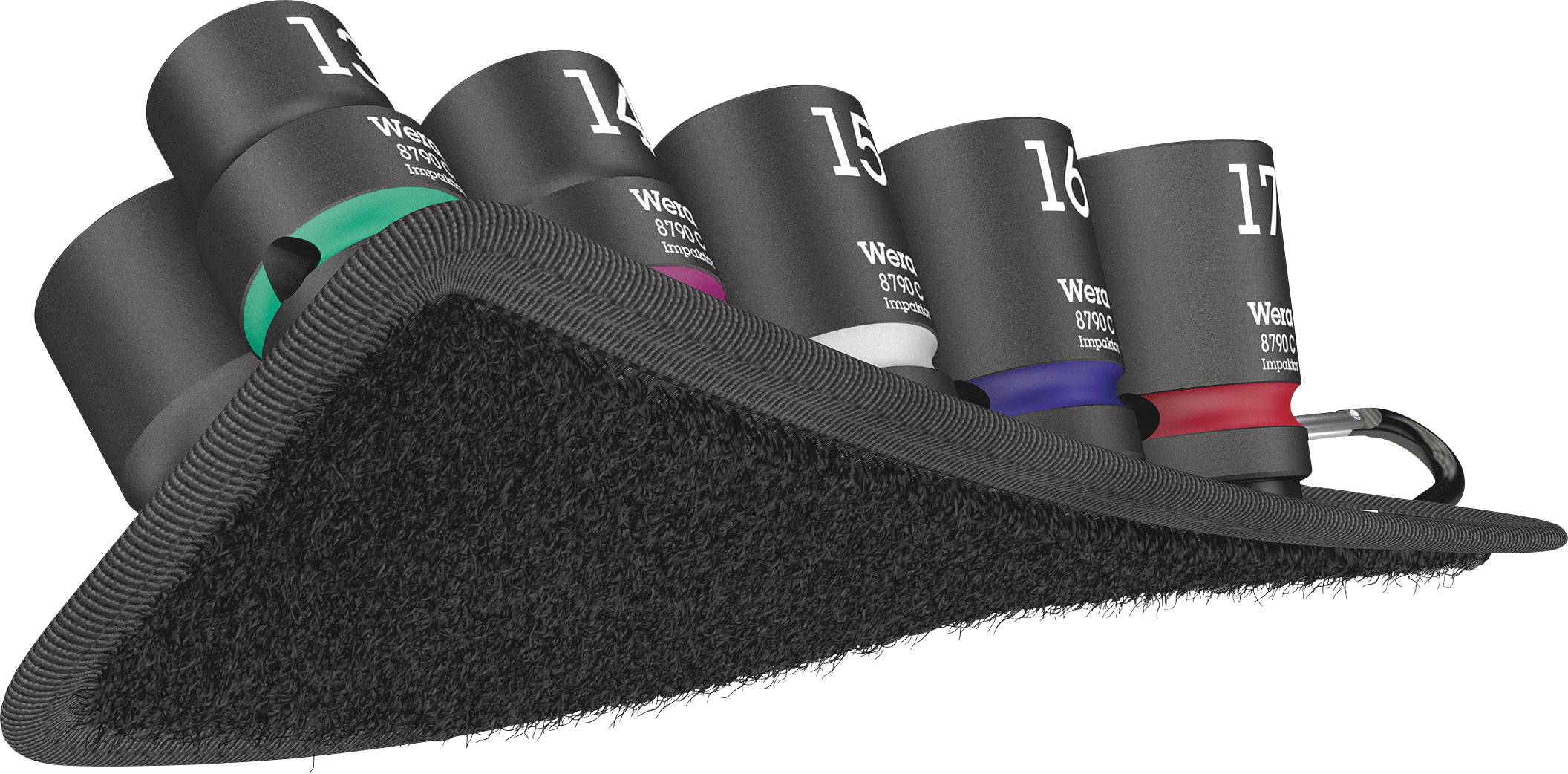 Zestaw kluczy nasadowych z uchwytem w kolorze czarnym. Klucze w różnych rozmiarach są oznaczone kolorami i ponumerowane.