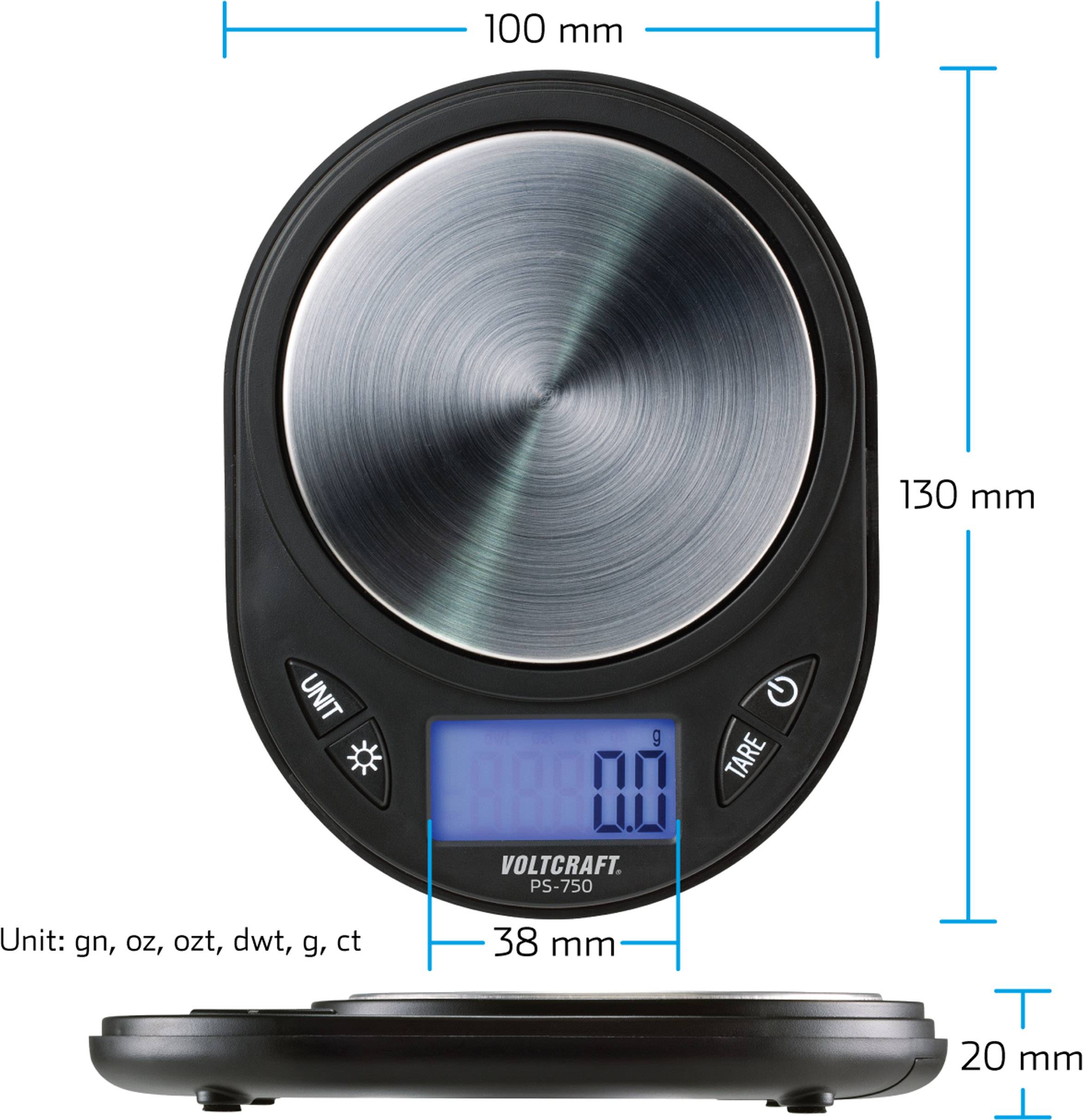 Cyfrowa waga z niebieskim wyświetlaczem pokazuje 0,0. Wymiary: wysokość 130 mm, szerokość 100 mm, głębokość 20 mm. Jednostki: gn, oz, ozt, dwt, g, ct.