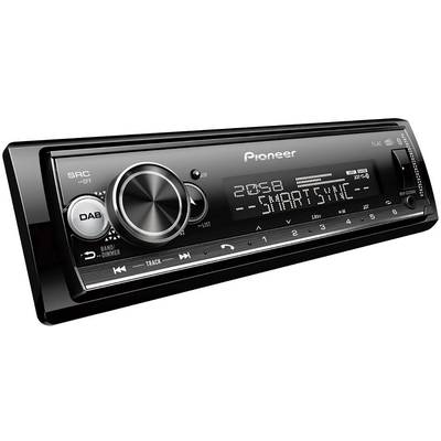 Radio samochodowe z dużym pokrętłem, wyświetlacz pokazuje '2058 - SMARTSYNC'. Przyciski do wyboru pasma, przyciemnienia i śledzenia utworów.