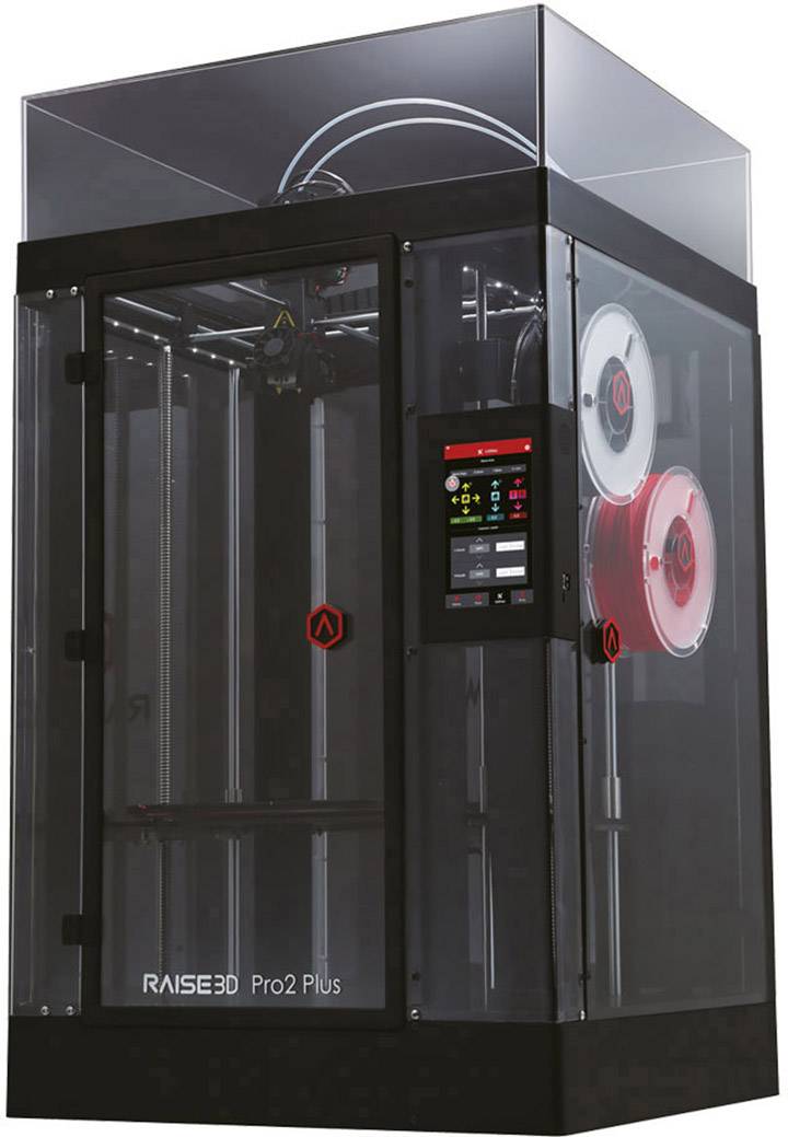 Czarny drukarka 3D z przezroczystymi bokami i dwiema rolkami filamentu. Panel sterowania wyświetla wskaźniki statusu. Model: 'Raise3D Pro2 Plus'.