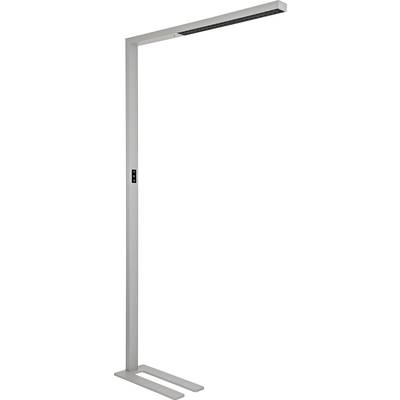 Lampa stojąca w nowoczesnym designie, smukła i srebrna, odpowiednia do oświetlenia biura z zintegrowanym włącznikiem na podstawie.