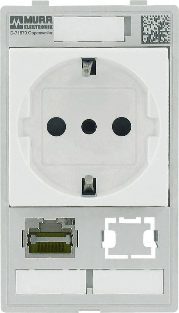Białe naścienne pole przyłączeniowe z jednym gniazdem elektrycznym, złączem Ethernet i pustym miejscem na moduł. Na górze widnieje napis 'Murr Elektronik'.