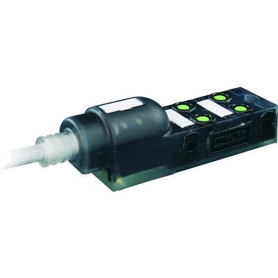 Czarny elektroniczny czujnik z przezroczystą obudową i czterema zielonymi wskaźnikami LED na górnej powierzchni. Wtyk połączeniowy po lewej stronie.