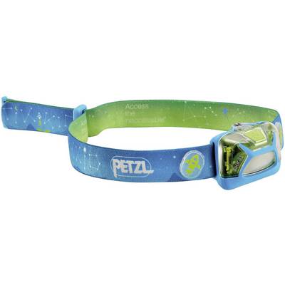Czołówka 'PETZL' z niebiesko-zielonym paskiem i napisem 'Access the inaccessible'. Odpowiednia do aktywności na wolnym powietrzu po zmierzchu.