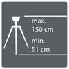 Grafika statywu z oznaczeniami wysokości: maksymalna wysokość 150 cm, minimalna wysokość 51 cm.