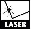 Symbol z wyselekcjonowanym promieniem laserowym trafiającym w punkt. Pod spodem napis 'LASER'. Znak ostrzegawczy dotyczący promieniowania laserowego.