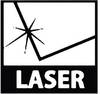 Obraz przedstawia symbol ostrzegawczy promieniowania laserowego: stylizowany promień błyskawicy trafiający w powierzchnię. Pod spodem znajduje się napis 'LASER'.