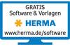 Obraz monitora komputerowego z napisem 'Darmowe oprogramowanie i szablony HERMA www.herma.de/software' niebieskim drukiem.