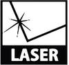 Czarno-białe oznaczenie z efektem wiązki laserowej i napisem 'LASER' poniżej. Sygnalizacja promieniowania laserowego.