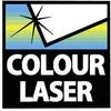 Logo 'COLOUR LASER', białe pismo na czarnym tle, powyżej stylizowany obraz lasera z kolorowymi paskami w żółci, błękicie i zieleni.