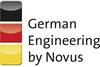 Trzy nachodzące na siebie kwadraty w kolorach czarnym, czerwonym i żółtym obok tekstu 'German Engineering by Novus'.