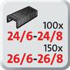 Rozmiary zszywek biurowych '100x 24/6-24/8, 150x 26/6-26/8', przedstawione na szarym tle z kolorowo wyróżnionymi rozmikami zszywek.