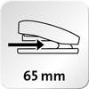 Symbol '65 mm' pokazuje strzałkę pod zszywaczem, wskazującą głębokość wprowadzenia wynoszącą 65 milimetrów.
