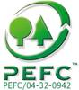 Logo PEFC: Przedstawia stylizowany symbol drzewa i jodły w zielonym kole, poniżej liczby 'PEFC/04-32-0942'.