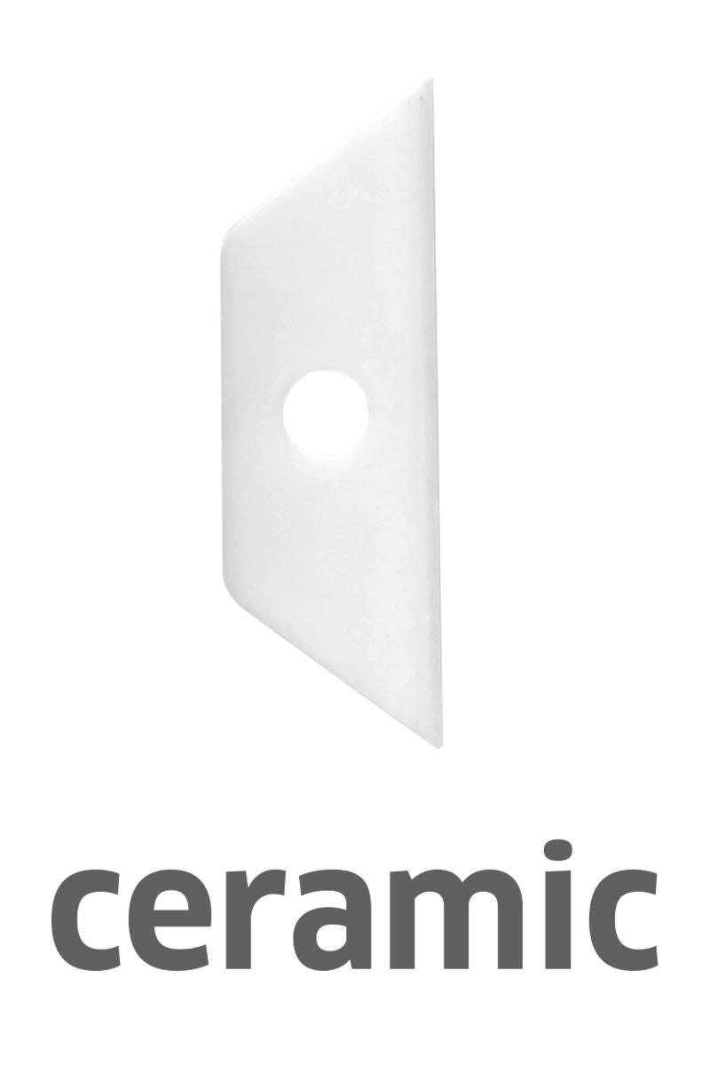 Białe ceramiczne narzędzie z okrągłym otworem pośrodku na białym tle. Pod spodem słowo 'ceramic' napisane czarnymi literami.