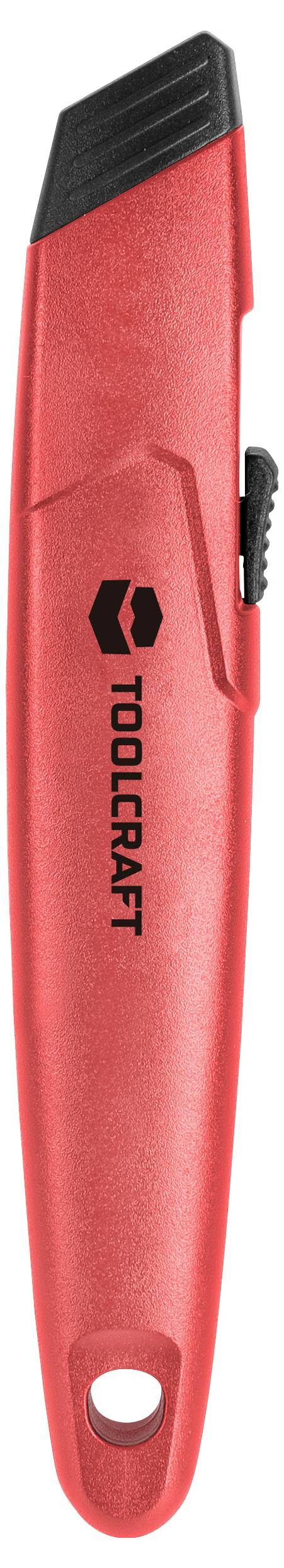 Czerwony nóż bezpieczeństwa z czarnym ostrzem i nadrukiem logo 'TOOLCRAFT' na boku.