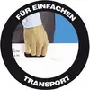 Ręka chwyta uchwyt pudełka. Tekst w kole u góry: 'Do łatwego transportu'.