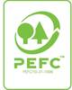 Logo 'PEFC' w kolorze zielonym. Przedstawia stylizowane kształty drzewa i strzał, symbolizujące zrównoważoną gospodarkę leśną.