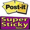 Logo 'Post-it Super Sticky Notes' na żółtym i fioletowym tle.