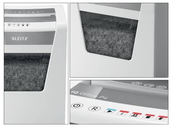 Elektryczny niszczarka dokumentów z panelem sterowania i funkcjami bezpieczeństwa; w pojemniku na ścinki widoczne są pocięte kawałki papieru.