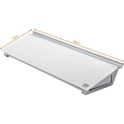 Srebrny stojak na laptopa o szerokości 46 cm i głębokości 15 cm, odpowiedni do ergonomicznej pracy przy biurku.