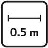 Kwadratowa tablica z poziomą podwójną strzałką nad nią. Poniżej widnieje napis '0,5 m', wskazujący na szerokość lub odległość.