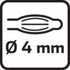 Symbol Ø 4 mm przedstawia widok z góry metalowego cylindra pustego w środku, typowego dla złączy elektrycznych w urządzeniach.