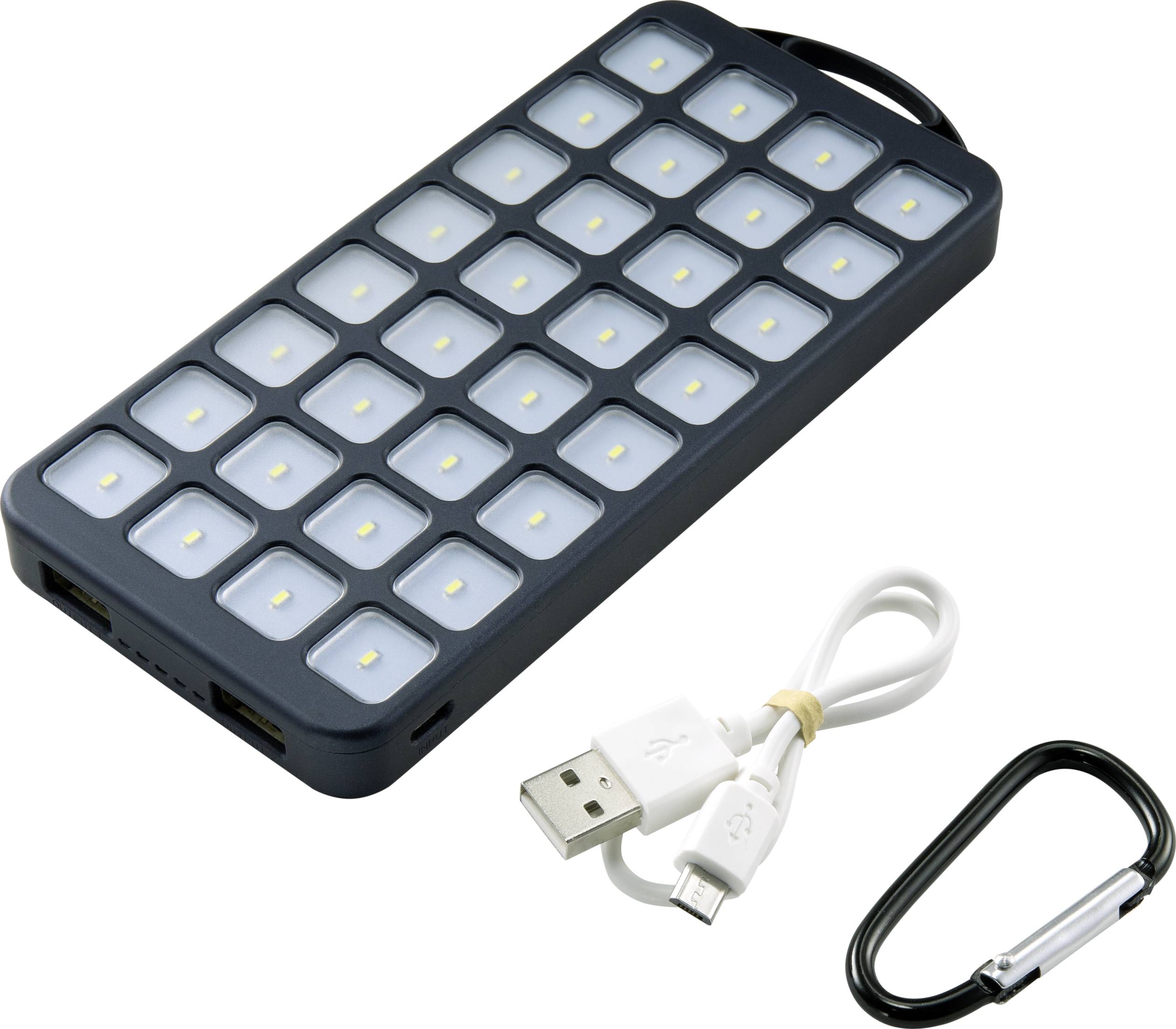 Przenośna lampa LED o prostokątnym kształcie, z przewodem ładującym USB i karabińczykiem. Idealna do aktywności na świeżym powietrzu lub jako oświetlenie awaryjne.