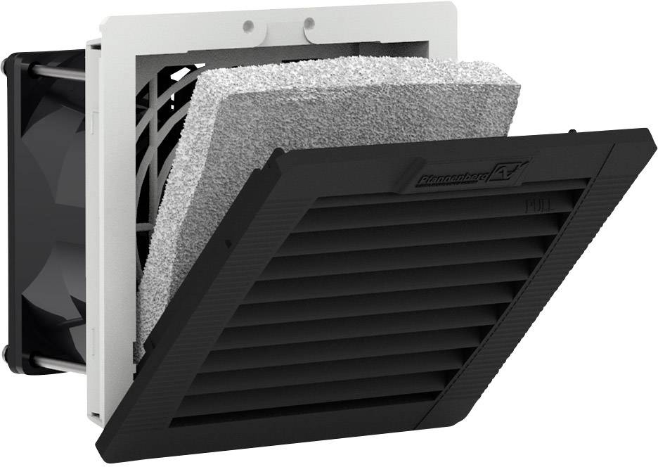 Wentylator z czarną kratką i filtrem piankowym, odpowiedni do chłodzenia obudów elektronicznych w zastosowaniach przemysłowych.