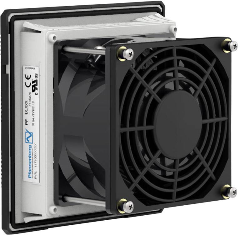 Czarny wentylator w kwadratowej obudowie, zamontowany na metalowej strukturze, służy do chłodzenia urządzeń elektronicznych.