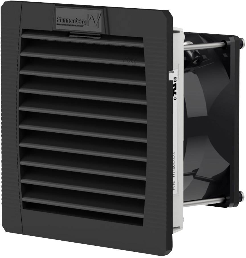 Czarny wentylator z kratką wentylacyjną zamontowany na obudowie. Widoczne są żeberka i wentylator wewnątrz.