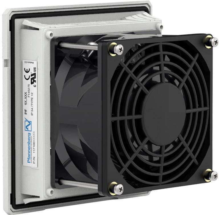 Wentylator z czarną osłoną ochronną i szarą obudową, widok z boku. Stosowany do wentylacji i chłodzenia w instalacjach technicznych.