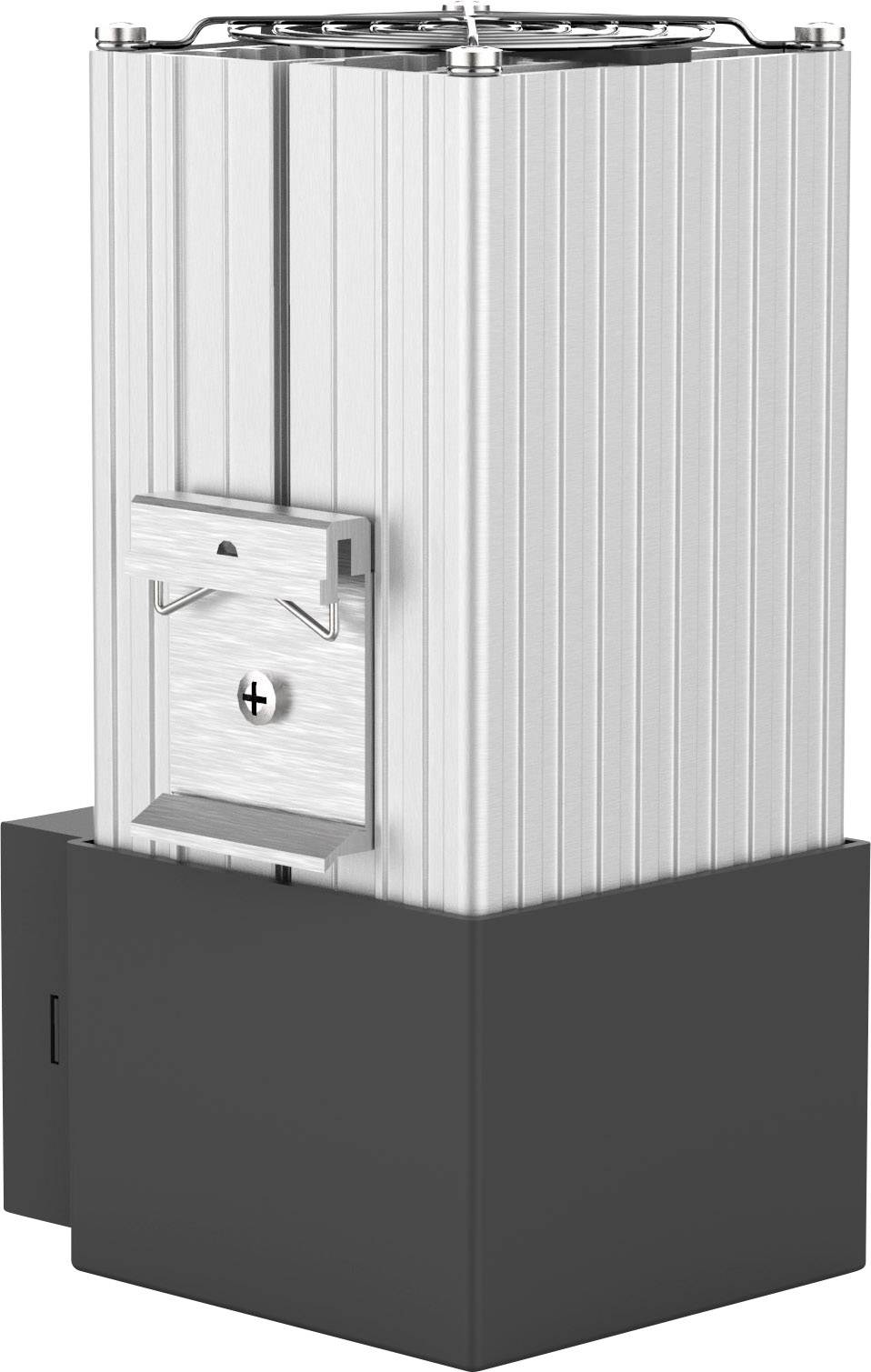 Komponenty przemysłowe z metalu i tworzywa sztucznego, z pionowymi rowkami i prostokątną, ciemną podstawą; widoczne złącze elektryczne.