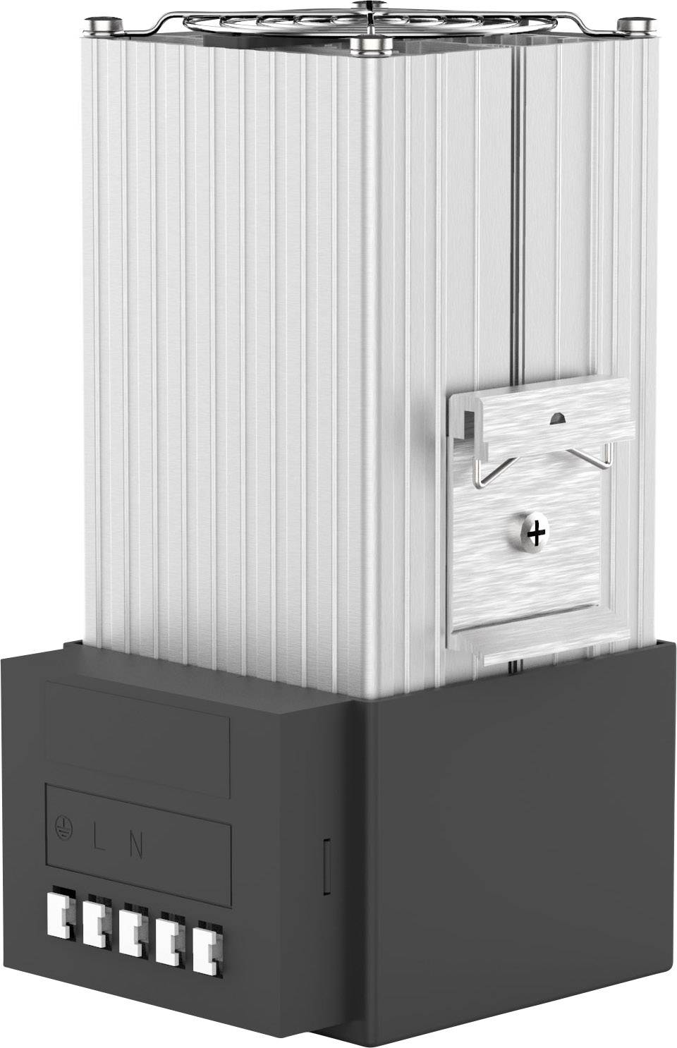 Prostokątne urządzenie grzewcze elektryczne z obudową wykonaną z srebrnego aluminium i czarną podstawą, przeznaczone do montażu w szafach sterowniczych.