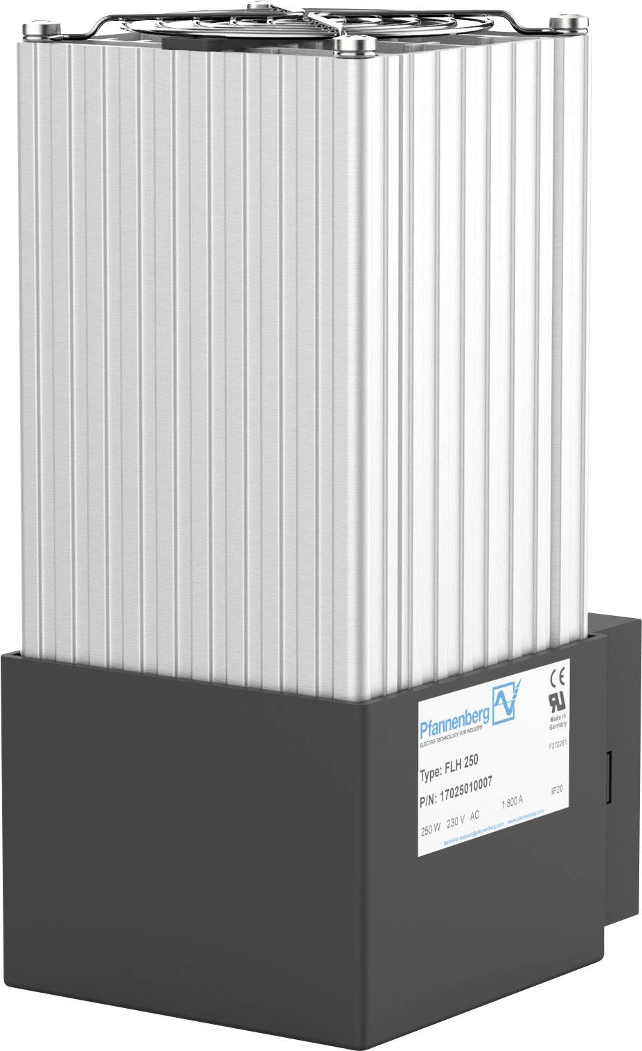 Urządzenie grzewcze do szaf sterowniczych z aluminiową obudową i czarną podstawą, model z etykietą 'Pfannenberg', kompatybilne z napięciem 230V, 150W.