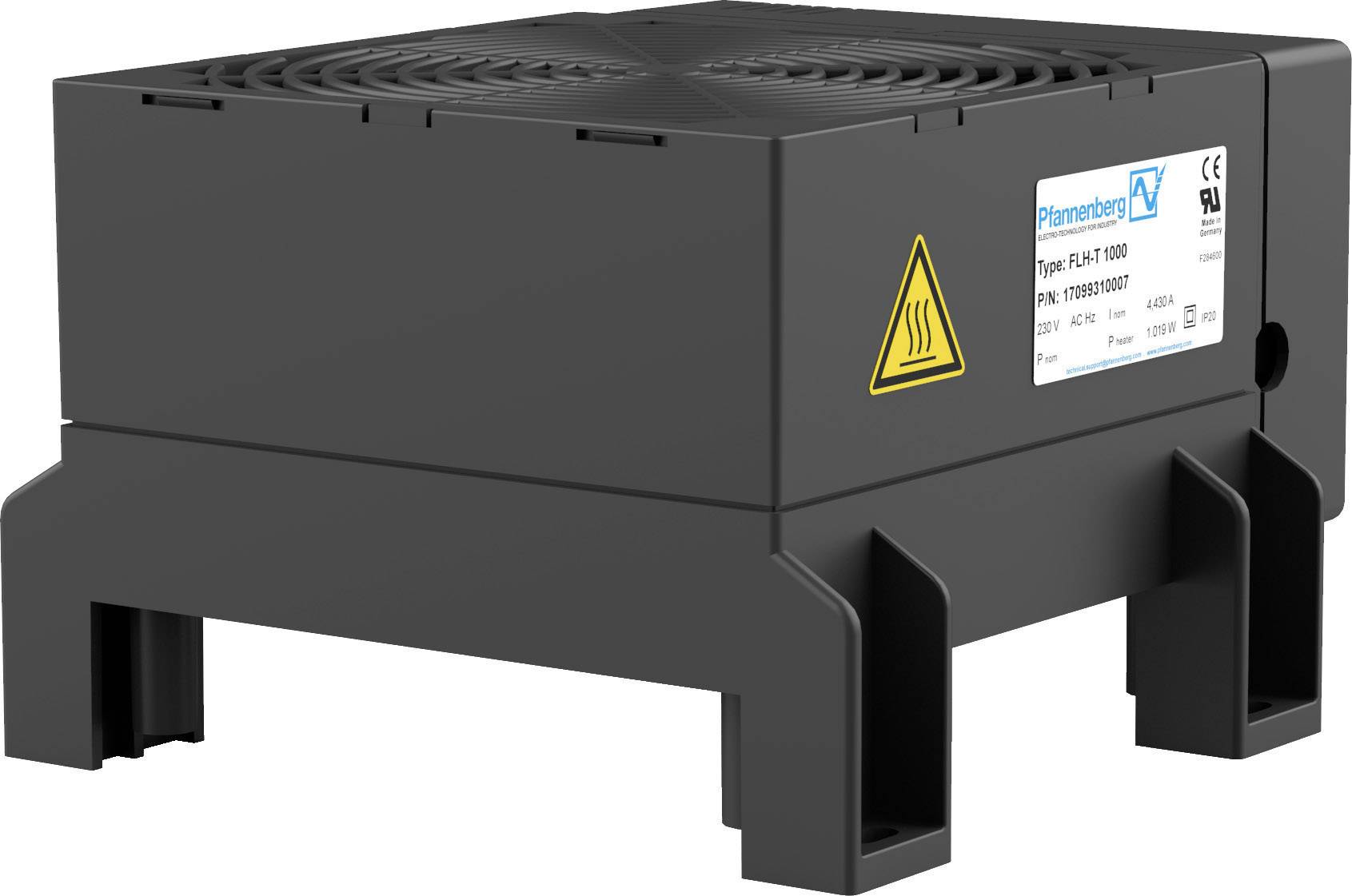 Czarny elektryczny wentylator z symbolem ostrzegawczym i szczegółami technicznymi na etykiecie umieszczonej z boku.