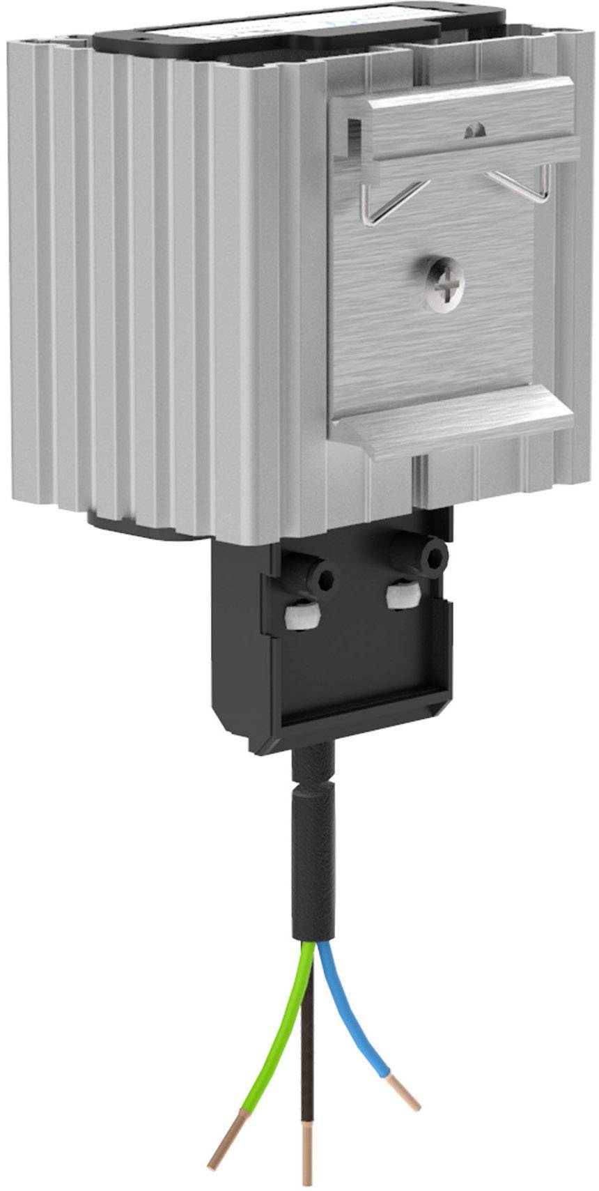 Elektryczny przełącznik z srebrną, żebrowaną obudową, pod którą znajduje się czarna podstawa z trzema kolorowymi przewodami: brązowym, niebieskim i żółto-zielonym.