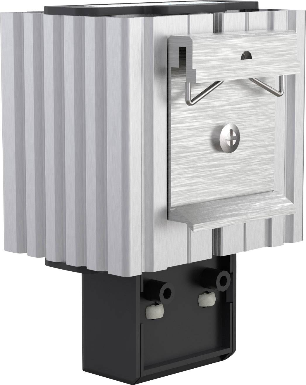 Radiator z elementem montażowym, pionowa struktura żebrowa w kolorze srebrnym. Wspomaga chłodzenie elementów elektronicznych.