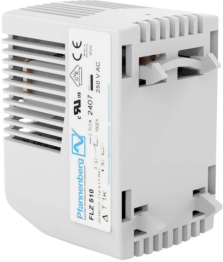 Kompaktowa jednostka grzewczo-wentylacyjna do zabudowy szafowej, model 'Pfannenberg FLZ 510', oferuje 250V AC oraz certyfikaty bezpieczeństwa.