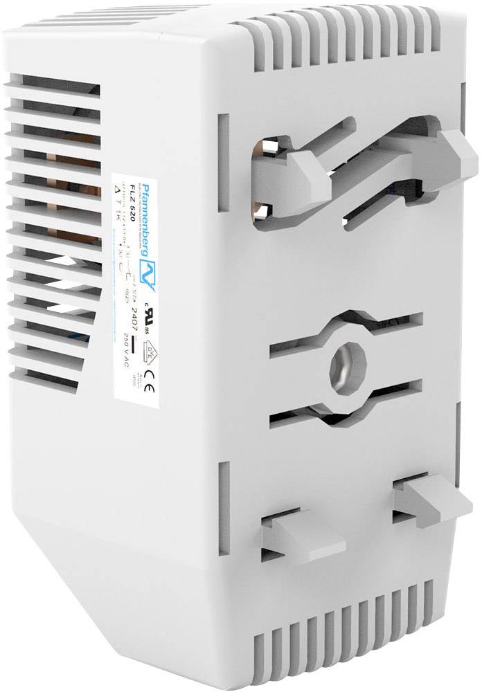 Szary plastikowy korpus urządzenia elektrycznego z otworami wentylacyjnymi i możliwościami montażowymi, widok z boku.